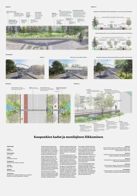 Urban street and multi-modal transport design with diagrams and text. Includes greenery, roads, and pedestrian paths.