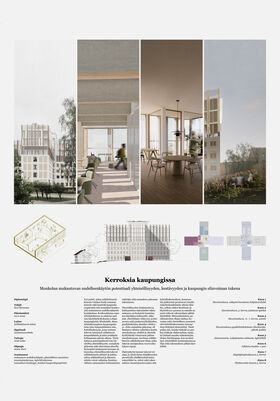 Collage of architectural designs showing building exteriors, interiors, and plans. Text and diagrams below.