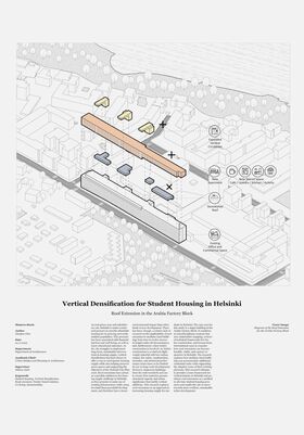 Diagram of a proposed roof extension for student housing in Helsinki, showing expanded vertical circulation and shared spaces.