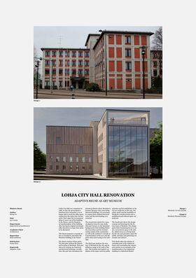 Two images of Lohja City Hall: current facade with red bricks and planned facade with modern glass and wood design.
