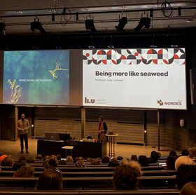 A lecture hall with two presenters and a slide titled 'Being more like seaweed'. Audience seated in front.
