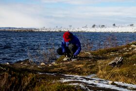 A person in a red hat and blue jacket kneels by a lake, surrounded by snow and sparse vegetation.