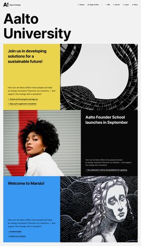 Havainnekuva etusivun hero magazine -komponentista, jossa on kolme kuva ja teksti paria, joissa puolet vaihtelevat. Tekstin taustaväri vaihtuu keltaisen, mustan ja sinisen välillä.