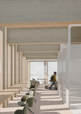 Modern office space with wooden beams, green chairs, and a person walking. Large windows allow natural light.