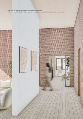 A modern interior with red brick walls, wooden flooring, and white partitions. A person walks past framed artwork.