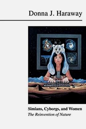 Book cover with title 'Donna J. Haraway'. Image shows a figure with animal features typing on a keyboard.