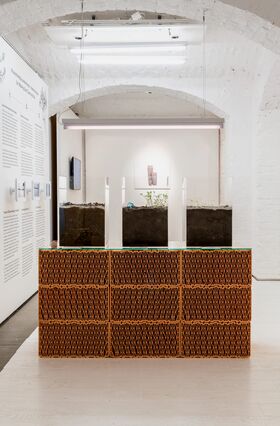 Exhibit with soil samples in transparent containers on a patterned orange stand, under arched white ceiling.