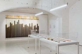 A modern art gallery with white walls, featuring vertical coloured tubes and tables displaying various objects in glass cases.