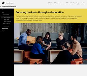 Top of the webpage with headers and text, side menu, and an image of people sitting and discussing around a table in a modern office.