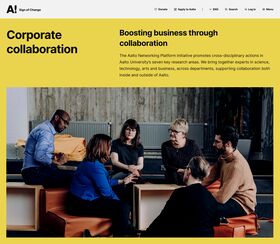 Top of the webpage with headings and text, large image of people sitting on orange seats in a modern room discussing business cooperation.