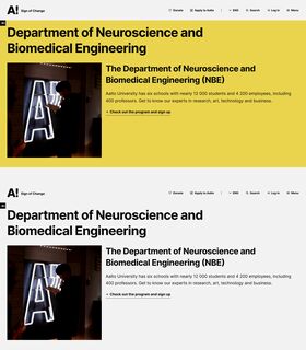 Two versions of a webpage for Aalto University's Department of Neuroscience and Biomedical Engineering, one yellow and one white.