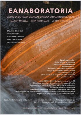 Poster for Eanalaboratoria exhibition at Galleria Kellokas, 26.01 - 11.03.2026, featuring artists Priska Falin, Sonja Dallyn, Amedeo Martines.