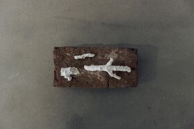 A brown brick with white, irregular shapes on a grey surface.