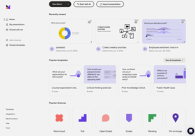 Dashboard with recently viewed presentations, popular templates, and features like word cloud, poll, and ranking.