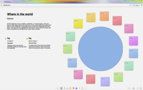 Digitaalinen valkotaulu, jossa vinkkejä ja peli 'Missä maailmassa'. Värikkäät muistilaput ympäröivät suurta sinistä ympyrää.