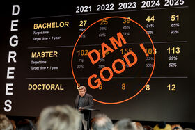A presentation slide with degree statistics from 2021 to 2025. Large orange text reads 'DAM GOOD!'.