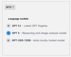 Language models listed: GPT 5.1, GPT 5, and GPT-OSS-120B, with descriptions for each.