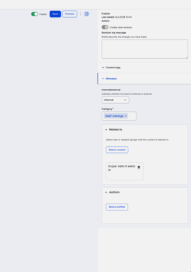 Drupal-verkkosivueditorin sivuvalikko, jossa avattuna metatietojen osio.