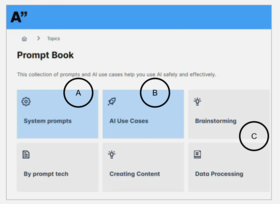 Prompt Book webpage displaying categories like System prompts, AI Use Cases, Brainstorming, By prompt tech, Creating Content, Data Processing.