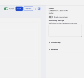 Drupal-verkkosivueditori, jossa näkyvissä avainsana- ja metatieto-osiot.