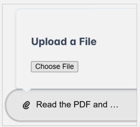 A dialogue box with 'Upload a File' and a 'Choose File' button. Below, a text states 'Read the PDF and …'.