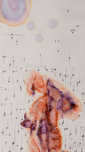 Abstract watercolour figure in orange and purple with floating blue circles and thin dotted lines