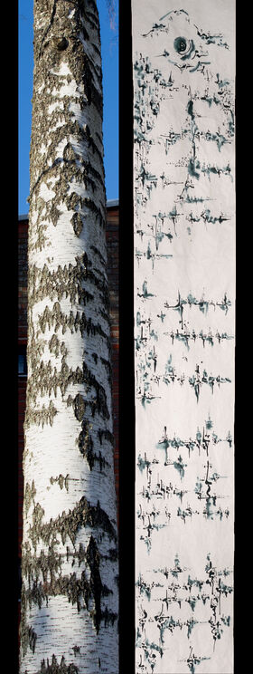 Birch trunk with rough bark beside tall white artwork echoing its dark, irregular patterns