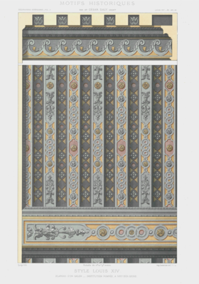 Plate 20-21, "Style Louis XIV. Plafond d'un salon. Institution Pompée, à Ivry-sur-Seine".  Motifs historiques - Décorations intérieures
