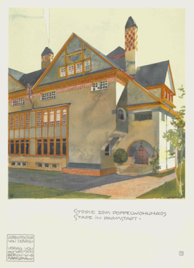 Plate 31, "Studie zum Doppelwohnhaus Stade in Darmstadt". Architektur von Olbrich