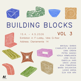 Poster for “Building Blocks Vol 3” art exhibition with colourful abstract shapes and event details in text.