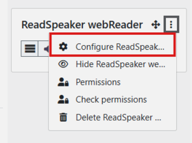 ReadSpeaker webReader menu open, Configure ReadSpeaker option highlighted in red