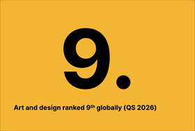 Yellow graphic with large black 9 and text: Art and design ranked 9th globally (QS 2026).