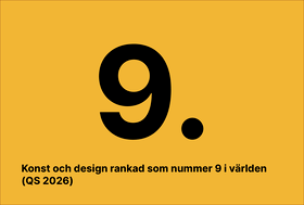 Gul bild med stor svart 9 och text: konst och design rankad nummer 9 i världen (QS 2026).