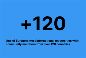 Blue graphic with +120 and text about a highly international European university community