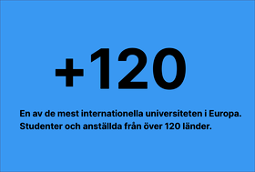 Blå grafik med +120 och text om studenter och anställda från över 120 länder i Europa.