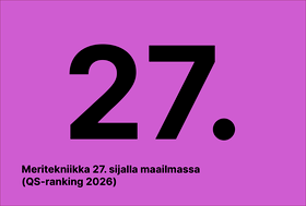Vaaleanpunainen kuva, iso musta ”27.” ja teksti: Meritekniikka 27. sijalla maailmassa (QS-ranking 2026).