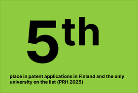 Bright green graphic with large black text '5th' and note on patent applications in Finland, PRH 2025.