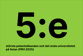Grön bakgrund med stor svart text ”5:e” och mindre svensk text om patentansökningar och universitetsranking.
