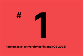 Red graphic with large black 1 and text: Ranked as #1 university in Finland (QS 2025)