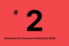Red graphic with large black number 2 and text: Ranked as #2 university in Finland (QS 2026).