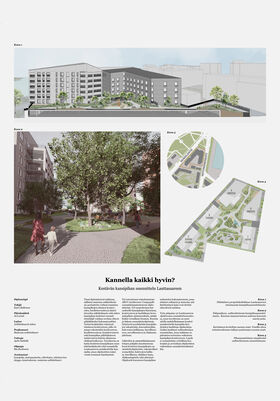 Architectural board: grey apartments, green courtyard, maps and text about a sustainable Lauttasaari deck yard