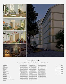 Architectural board with cosy wooden flat interiors and a night-time exterior of a light-coloured apartment block