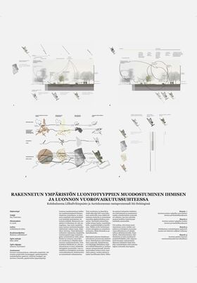 Architectural thesis poster with diagrams of park landscapes, trees, people silhouettes and Finnish text layout.