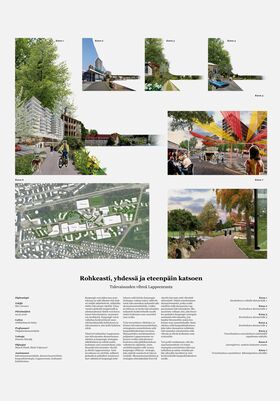 Architectural poster of future Lappeenranta with street scenes, park paths, plaza and aerial site plan