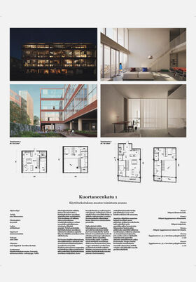Architectural poster showing modern loft apartments, building views, interior photos and small floor plan drawings