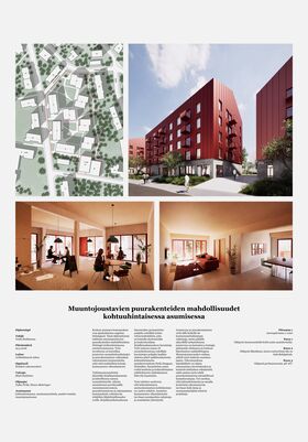 Architecture poster with site plan, red mid-rise timber housing, and warm-toned communal and flat interiors