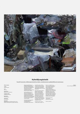 Poster of an artful junk collage with wood, plastic and papers, titled Hybrid environments, with descriptive text below.
