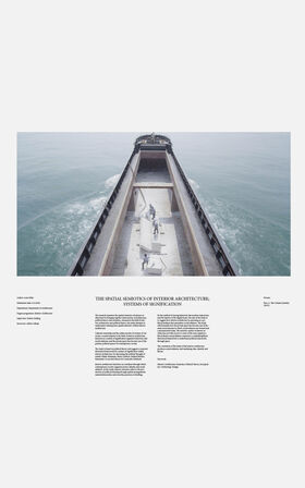 Minimalist poster with photo of a grey cargo ship at sea and thesis text titled spatial semiotics of interior architecture