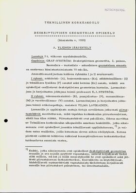 Teknillisen korkeakoulun deskriptiivisen geometrian kurssijärjestely vuodelta 1959. E. Rosenbergin kappale.