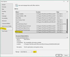 Excel Options Add-ins Solver
